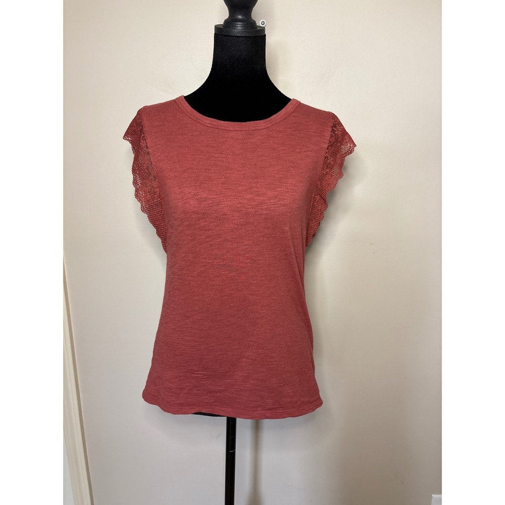 White House Black Market Lace Flutter Sleeve Top XS Terracotta Rose Slub Knit